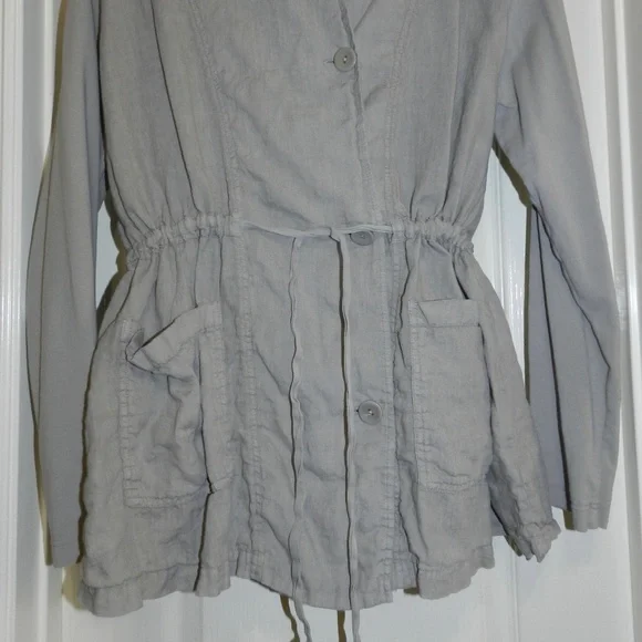 Flax Linen Button Front Hooded Jacket Drawstring Waist - Picture 4 of 12
